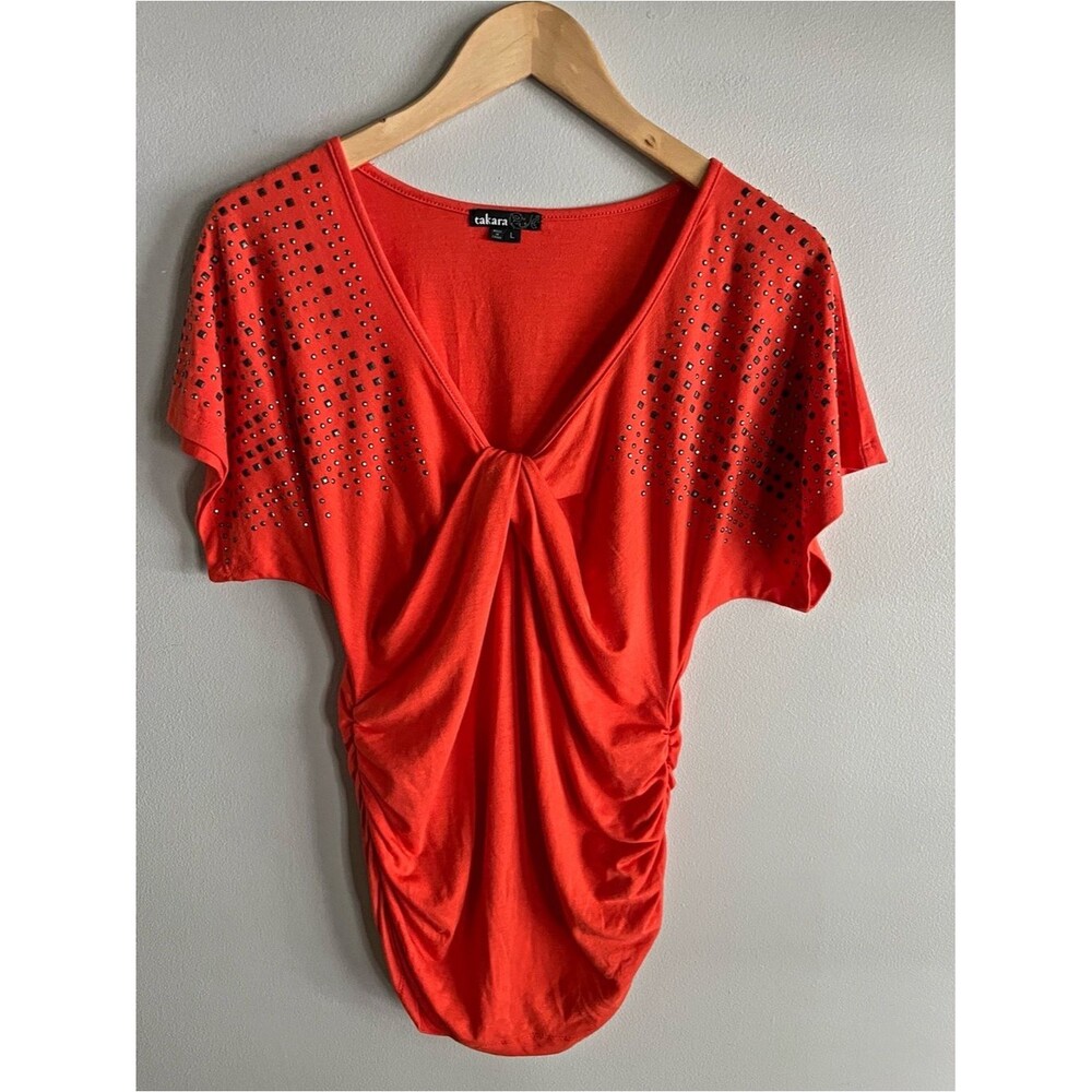 Takara Y2K Studded Twist Front Ruched Top Coral Red Size Large